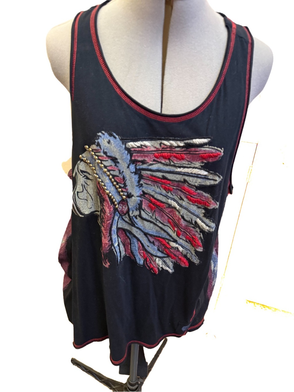 Double D Ranch Black Tank Top with Red and Blue Feather Graphic